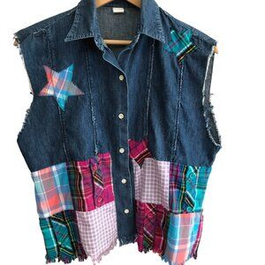 Patchwork Denim Shirt, Size Small: Upcycled Sleeveless Top, Plaid Patches Stars